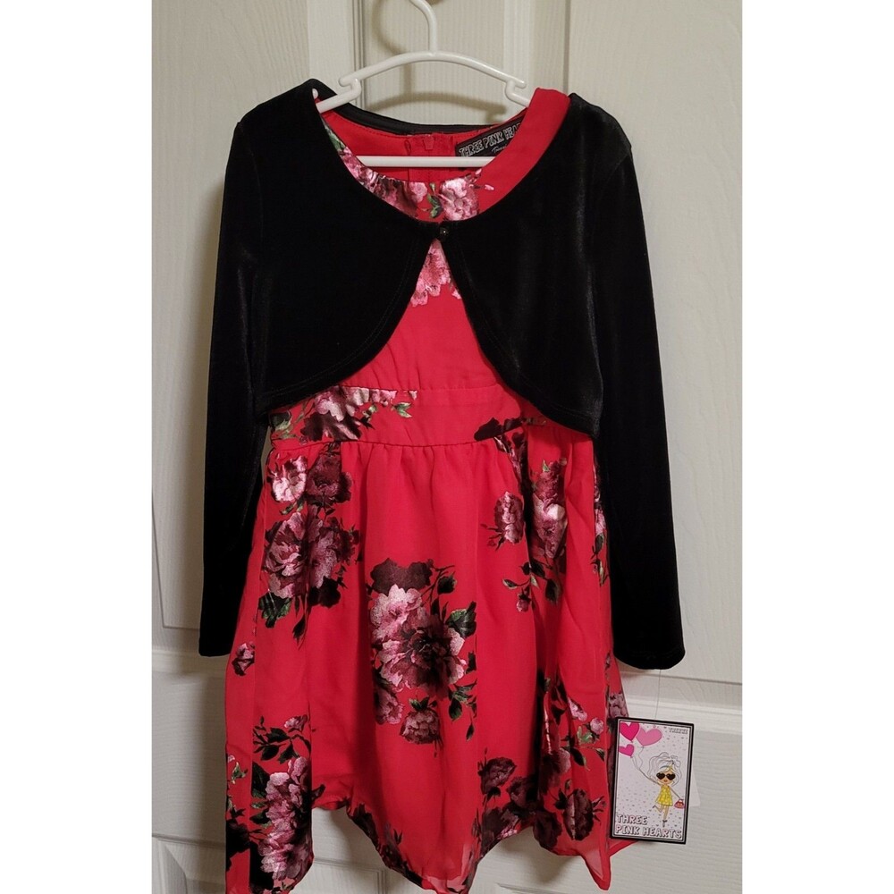 Three Pink Hearts Girls Shrug & Dress Size 4 Holiday Christmas NWT